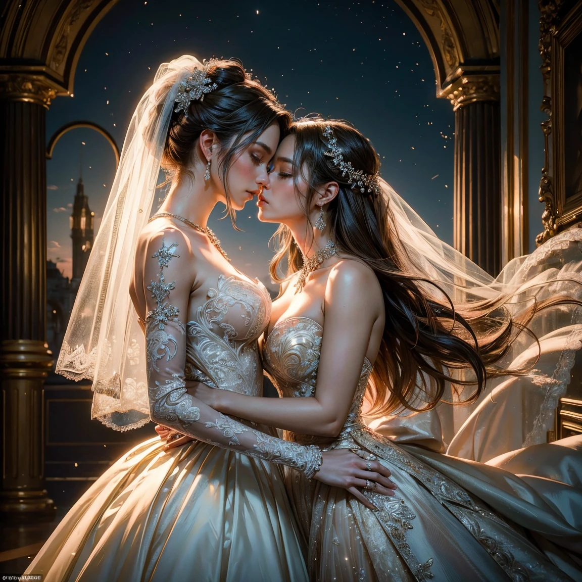 (masterpiece, highest quality, official art, beauty and aesthetic), two stunning bride is deeply in love with each other, kiss, aurora