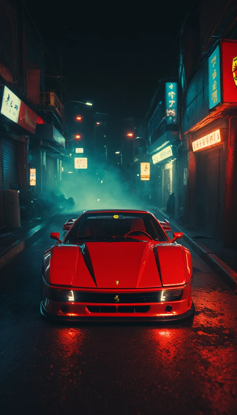 (intrincated details:1.5), (photorealistic), (masterpiece), (photography), cinematic lighting, (hyperrealistic:1.2), 8K, 300mm
vehicle focus, cyberpunk Ferrari 80s car, cyberpunk alley, ground vehicle, motor vehicle, , scenery, solo, night time, wide tyres, autonomous vehicle,(car led lights), steam coming out of the exhausts, (lens flare, film noise, diffused glow.1.5), (reflections and shine:1.5), (diffraction and chromatic aberration:1.5), (without license plate), (extremely shiny car paint), (tires with a lot of negative camber), Drone Cars, simetric design
sparks floating, (dust and scratches film:1.2), (vintage color grading:1.3), dense environment, (old photo style)
SK_ANALOGFILM