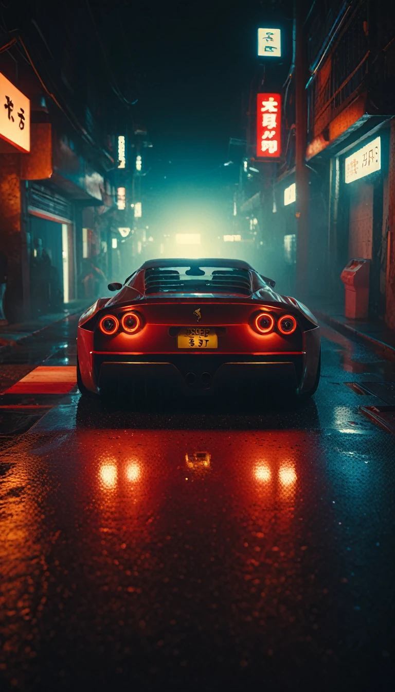 (intrincated details:1.5), (photorealistic), (masterpiece), (photography),  cinematic lighting, (hyperrealistic:1.2), 8K, 300mm
vehicle focus, cyberpunk Ferrari 80s car, cyberpunk alley, ground vehicle, motor vehicle, , scenery, solo, night time, wide tyres, autonomous vehicle,(car led lights), steam coming out of the exhausts, (lens flare, film noise, diffused glow.1.5), (reflections and shine:1.5), (diffraction and chromatic aberration:1.5), (without license plate), (extremely shiny car paint), (tires with a lot of negative camber), Drone Cars, simetric design
sparks floating, (dust and scratches film:1.2), (vintage color grading:1.3), dense environment, (old photo style)
 SK_ANALOGFILM 