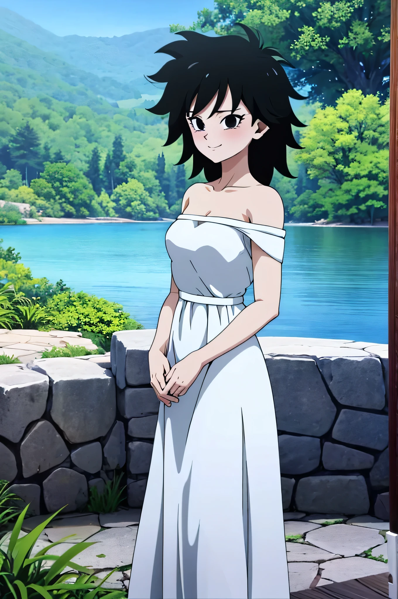 anime screencap, masterpiece, best quality, highres, outdoors, small breasts, gine, spiky black hair, 1 girl, Solo, Black Eyes, Good hands are down, Smile, Blushing, Bare Neck, Bare Shoulders, strapless, White Ruffle Off-the-Shoulder maxi dress. Cowboy shot. looking at viewers, garden, a lake, a mansion, blue skies, standing up straight