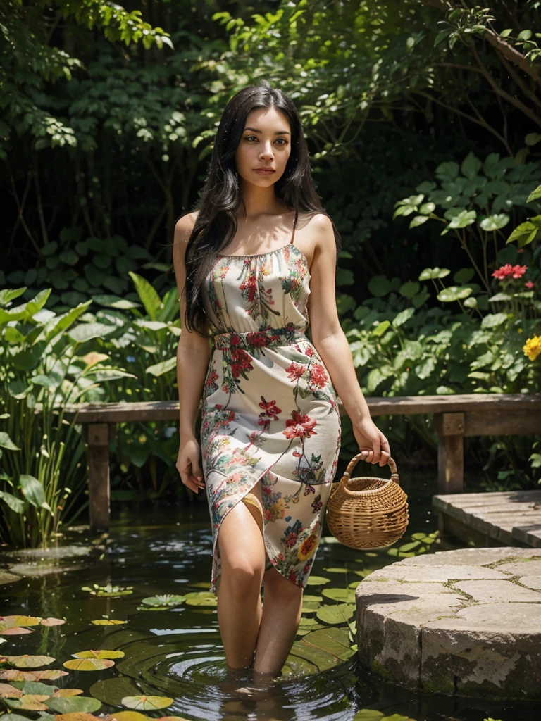 A young woman with long black hair in a natural outdoor setting - Full body shot showing her entire figure - Beautiful waterfall and lush greenery and colorful flowers in the background - Woman wearing a long red dress with embroidered or patterned details - She holding a small wicker basket - Calm pond and clear water in the foreground - Bright, natural lighting highlights the scene - The woman's facial expression is serene and pleasant.