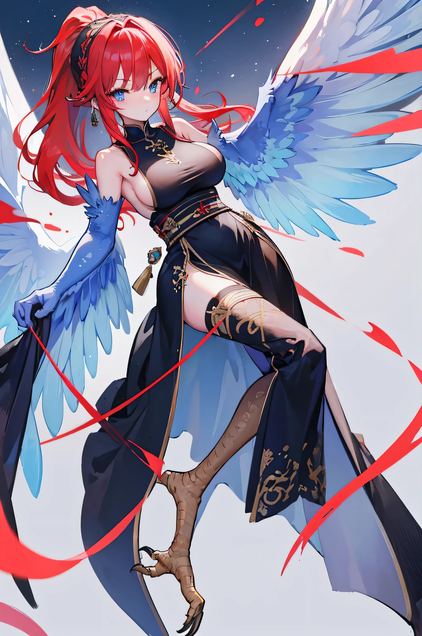 4K,High resolution,One Woman,Harpy,Red Hair,Long Ponytail,Braid,Blue Eyes,Big Breasts,White Wings,Golden toenails,Black Chinese dress,Sleeveless,hair band,Jewelry decoration,Medieval port town