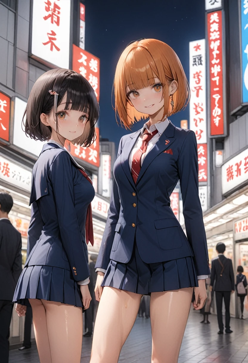 ((masterpiece,Highest quality:1.3,best quality illustration)),cowboy shot,1woman、独奏,16-year-old Japan beauty,((very small head:1.3)),short bob hair,blunt bangs,orange hair,brown eyes,gorgeous eyes,blush,smile,medium breasts,((very long body)),(School uniform,Navy blue blazer、Red tie、White Shirt、Navy blue pleated mini skirt),(toned body,slender body,skinny),gleaming skin,shiny skin,oily skin,standing,Shibuya Station、Tokyo