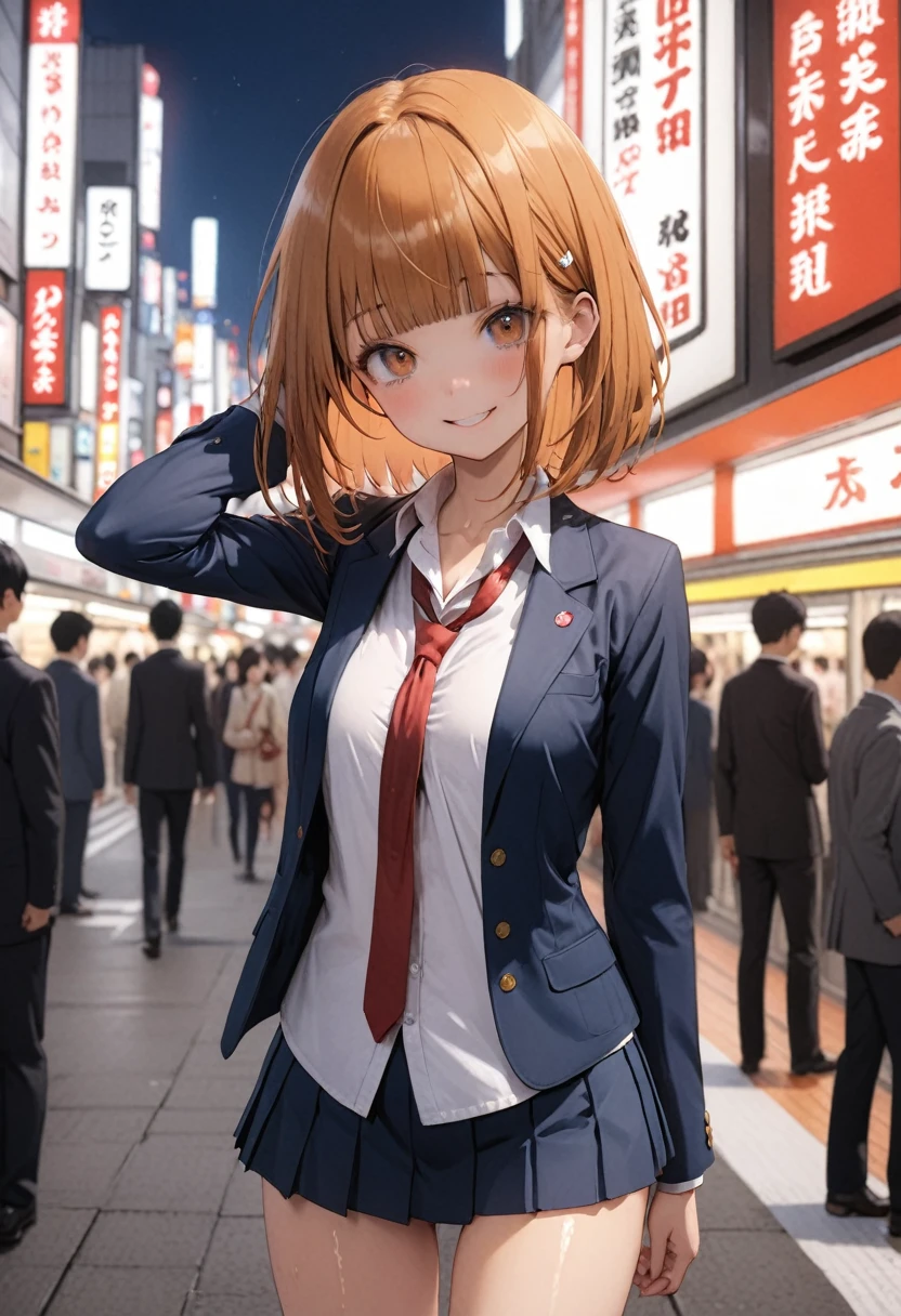 ((masterpiece,Highest quality:1.3,best quality illustration)),cowboy shot,1woman、独奏,16-year-old Japan beauty,((very small head:1.3)),short bob hair,blunt bangs,orange hair,brown eyes,gorgeous eyes,blush,smile,medium breasts,((very long body)),(School uniform,Navy blue blazer、Red tie、White Shirt、Navy blue pleated mini skirt),(toned body,slender body,skinny),gleaming skin,shiny skin,oily skin,standing,Shibuya Station、Tokyo