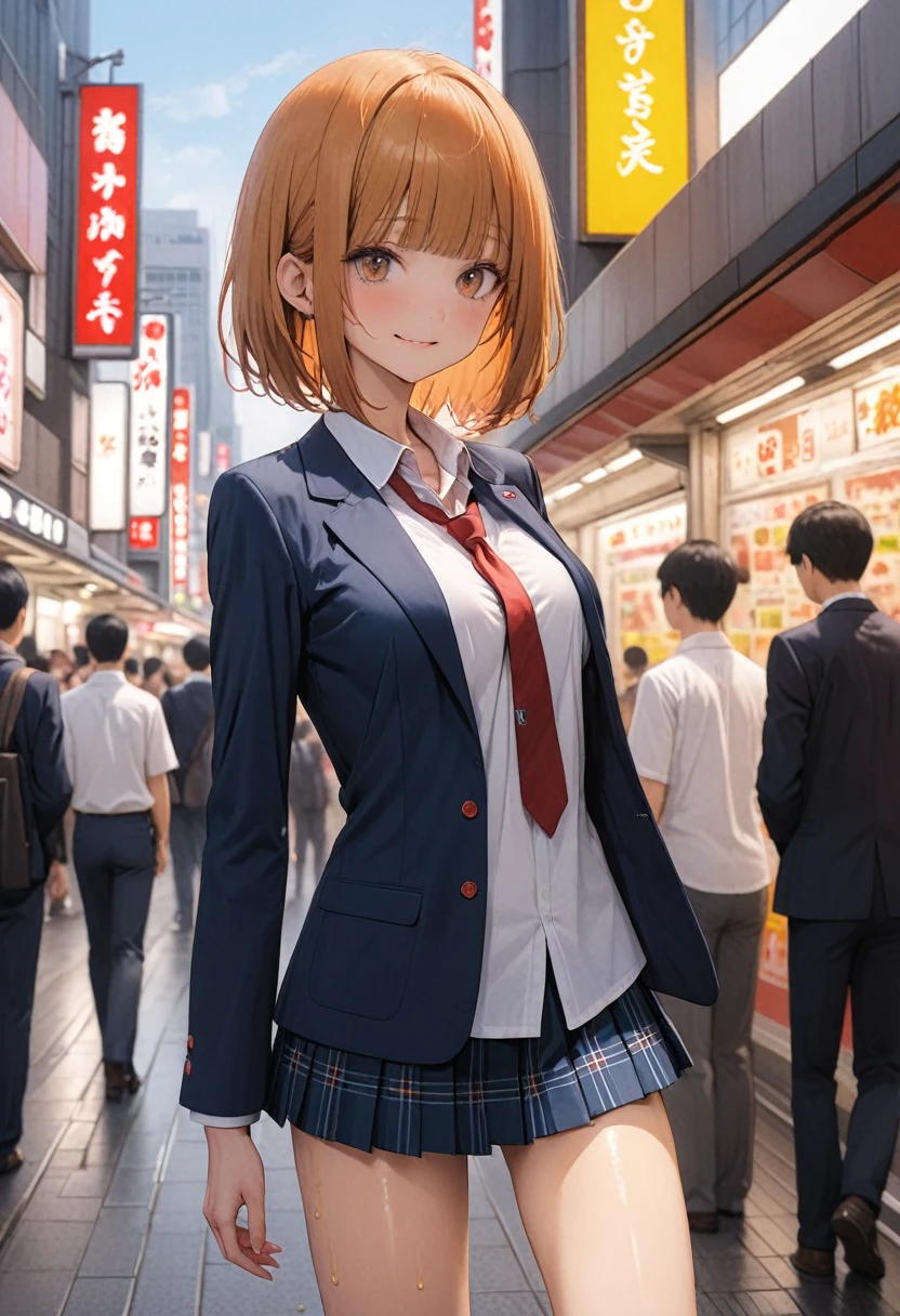 ((masterpiece,Highest quality:1.3,best quality illustration)),cowboy shot,1woman、独奏,16-year-old Japan beauty,((very small head:1.3)),short bob hair,blunt bangs,orange hair,brown eyes,gorgeous eyes,blush,smile,medium breasts,((very long body)),(School uniform,Navy blue blazer、Red tie、White Shirt、Navy blue pleated mini skirt),(toned body,slender body,skinny),gleaming skin,shiny skin,oily skin,standing,Shibuya Station、Tokyo