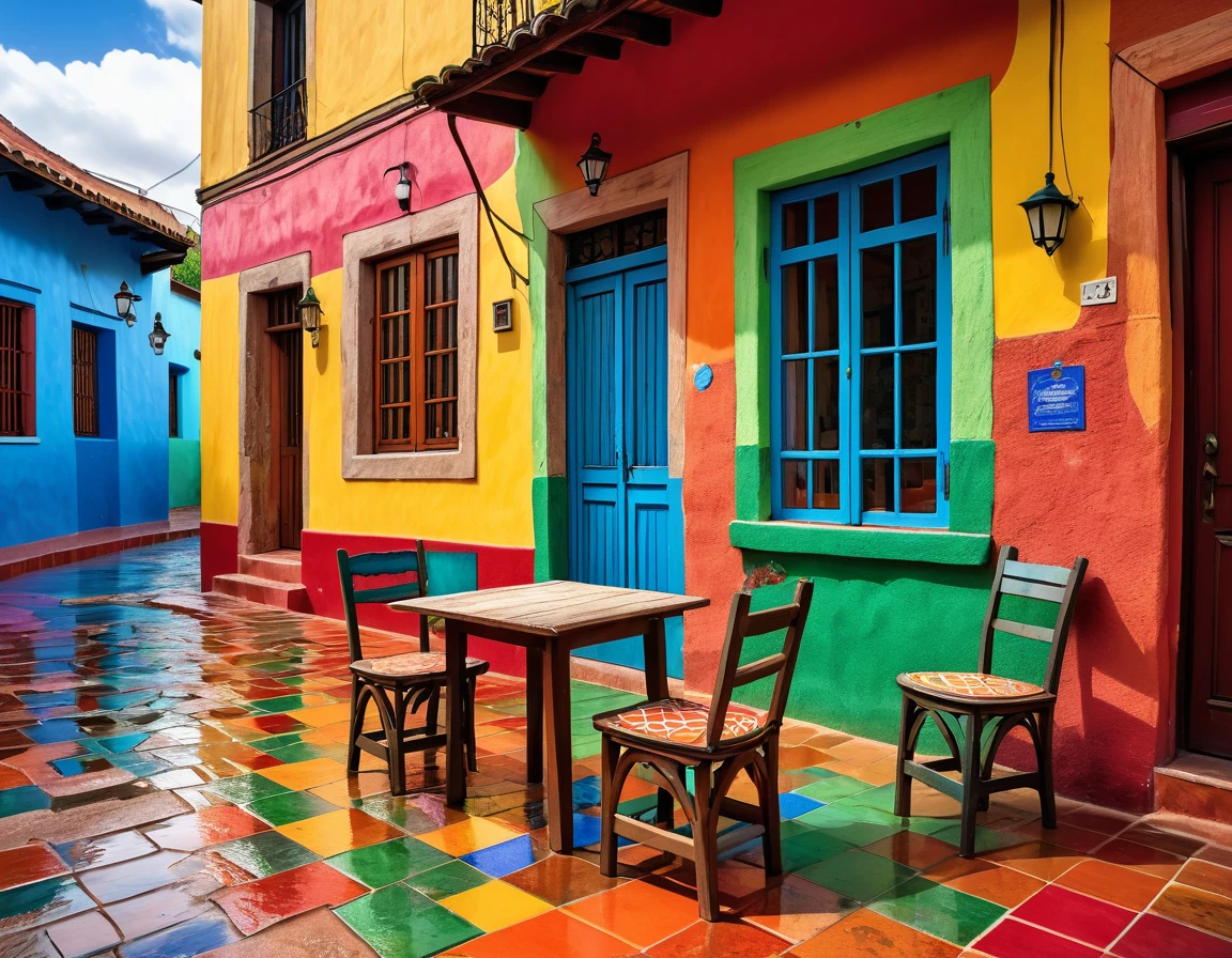 photography of a small rustic house with a table and chairs in front of it, colorful house, colorful tiled architecture, cracks and infiltration stains on the walls, worn paint, puddles of water on the sidewalk, tlaquepaque, by Hundertwasser, 2 4 mm iso 8 0 0 color, by Miroslava Sviridova, Piet Mondian, beautifully painted, colorful architecture, colorful building, quaint, colorful caparisons, beautiful colorful tilework, realistic 4k ultra detailed, deep focus, vibrant colors,high saturation,high contrast,very high resolution,HDR,8k, masterpiece, best quality