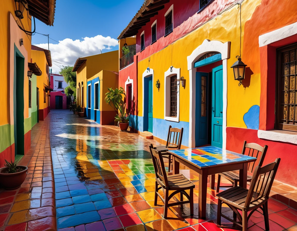 photography of a small rustic house with a table and chairs in front of it, colorful house, colorful tiled architecture, cracks and infiltration stains on the walls, worn paint, puddles of water on the sidewalk, tlaquepaque, by Hundertwasser, 2 4 mm iso 8 0 0 color, by Miroslava Sviridova, Piet Mondian, beautifully painted, colorful architecture, colorful building, quaint, colorful caparisons, beautiful colorful tilework, realistic 4k ultra detailed, deep focus, vibrant colors,high saturation,high contrast,very high resolution,HDR,8k, masterpiece, best quality