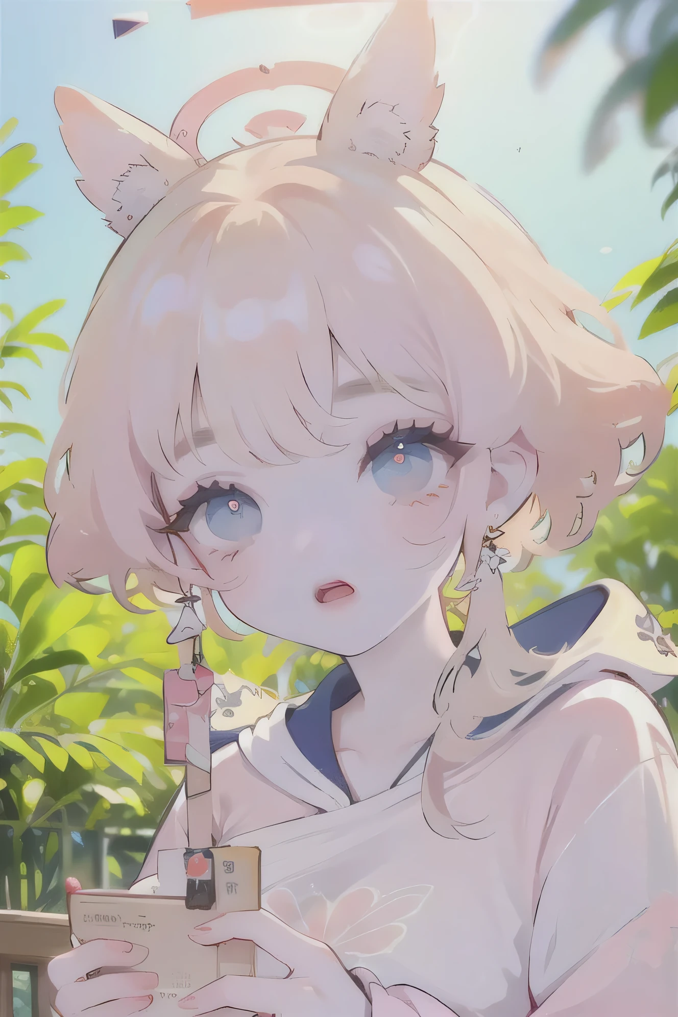 (high quality) (best quality) (a woman) (correct physiognomy) (perfect students) (perfect eyes) anime woman, deep pink, long and fluffy hair, two rabbit ears coming out of her head, blue eyes, lips sensitive, feminine appearance, soft facial features, thin eyebrows, soft skin, rosy cheeks, pink lips, silky eyelashes, dreamy expression, middle age, youthful clothing, print sweatshirt, photo illuminated by sunlight, Woman sitting on forest.