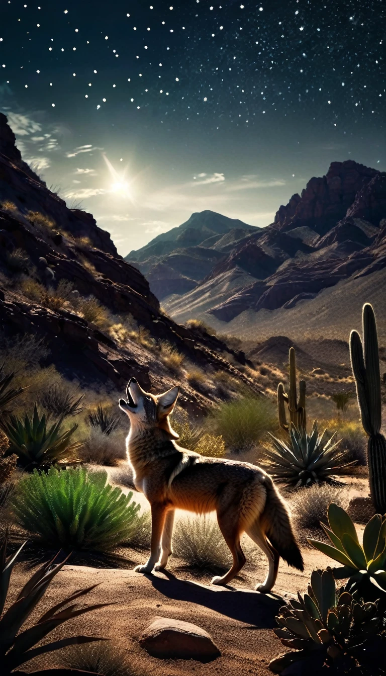 coyote howling in a dark desert landscape with lots of plants, stars, and mountains) , dramatic lighting, dramatic contrast, mysterious, moody, cinematic, dark atmosphere, powerful composition, dramatic shadows,intricate details,sharp focus,professional,dreamlike atmosphere,shadow play,soft light,dark hues,texture,layered composition.