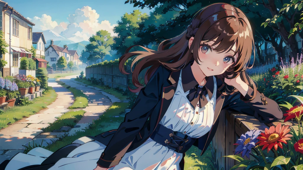 masterpiece,Highest quality,One Girl,The hair color is brown,Kind eyes,Gradient Hair,countryside,Cityscape,sunlight,Flowers and plants,blue sky,scenery,afternoon,Light Perception,Soft sunlight,