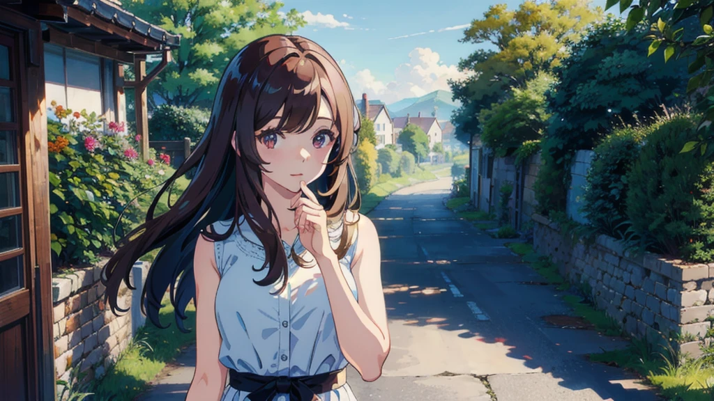 masterpiece,Highest quality,One Girl,The hair color is brown,Kind eyes,Gradient Hair,countryside,Cityscape,sunlight,Flowers and plants,blue sky,scenery,afternoon,Light Perception,Soft sunlight,