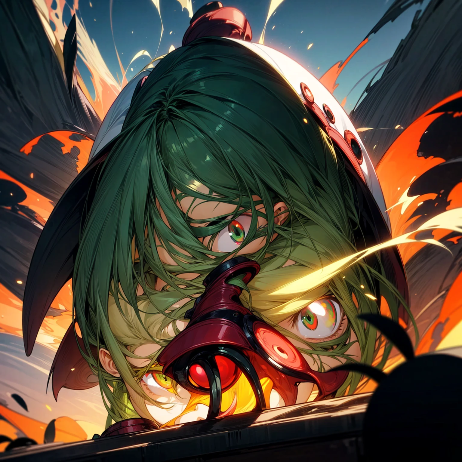 Ultra detailed, full background, Full body version, motion blur, plasma, lens blur, overlay color, overlay blending, lighten blending, chromatic aberration, hd, ultra hd, (Hunter x hunter style), girl, green eyes, green colour hair, classic bowl hairstyle, Red earrings, red and black penguin
