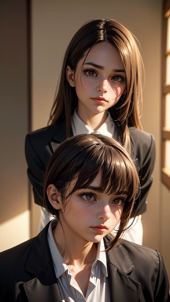 1girl, calm, closed mouth, collared shirt, brown hair, golden eyes, detailed face, intricate clothing, natural lighting, cinematic composition, warm color palette, delicate facial features, serene expression, detailed portrait, soft textures, (best quality,4k,8k,highres,masterpiece:1.2),ultra-detailed,(realistic,photorealistic,photo-realistic:1.37),cinematic lighting,dramatic atmosphere,elegant,beautiful