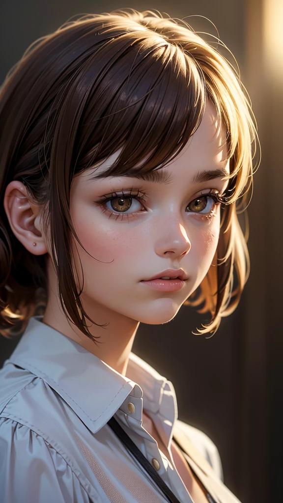 1girl, calm, closed mouth, collared shirt, brown hair, golden eyes, detailed face, intricate clothing, natural lighting, cinematic composition, warm color palette, delicate facial features, serene expression, detailed portrait, soft textures, (best quality,4k,8k,highres,masterpiece:1.2),ultra-detailed,(realistic,photorealistic,photo-realistic:1.37),cinematic lighting,dramatic atmosphere,elegant,beautiful