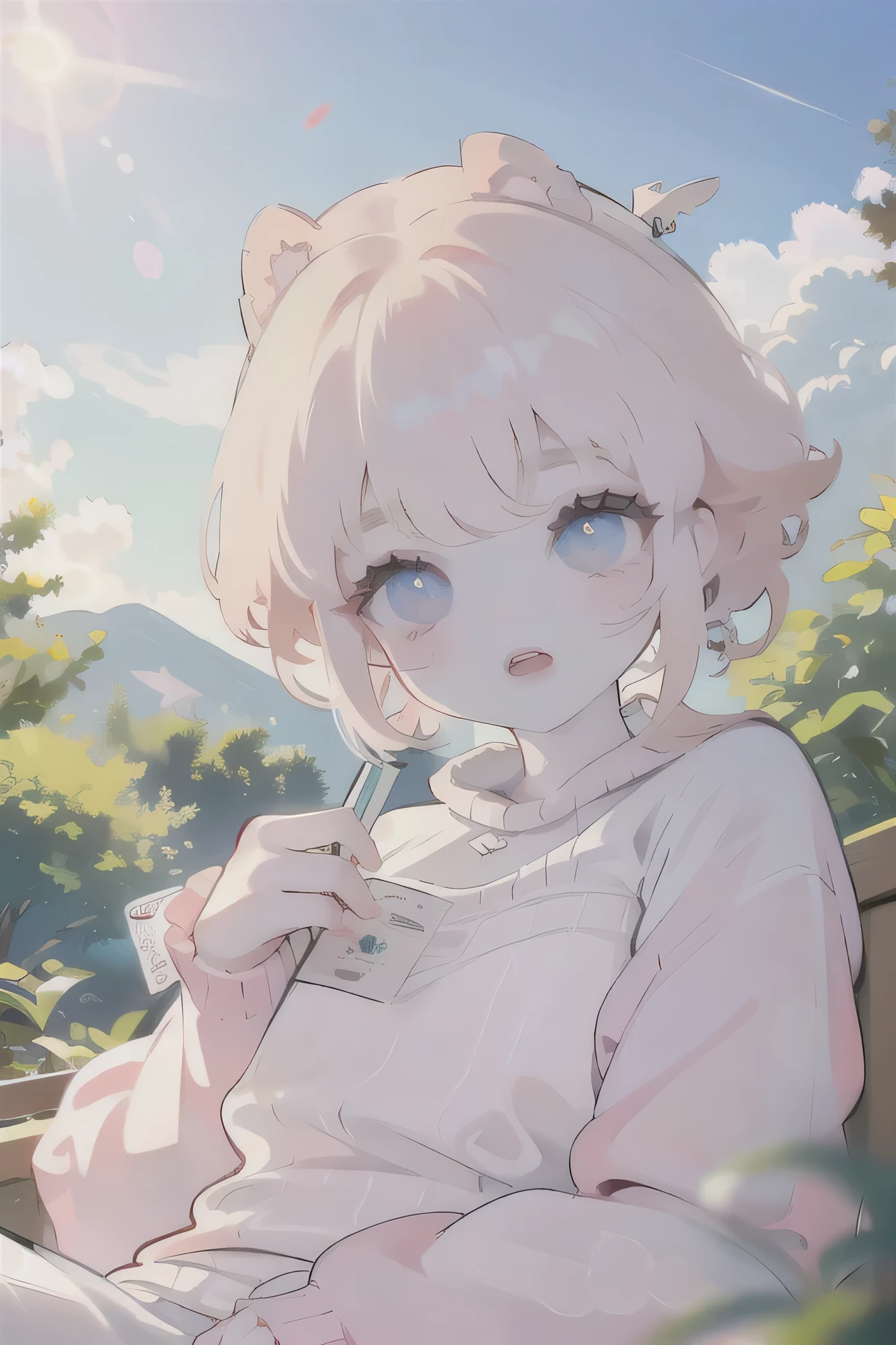 (high quality) (best quality) (a woman) (correct physiognomy) (perfect students) (perfect eyes) anime woman, deep pink, long and fluffy hair, two rabbit ears coming out of her head, blue eyes, lips sensitive, feminine appearance, soft facial features, thin eyebrows, soft skin, rosy cheeks, pink lips, silky eyelashes, dreamy expression, middle age, youthful clothing, print sweatshirt, photo illuminated by sunlight, Woman sitting on forest.
