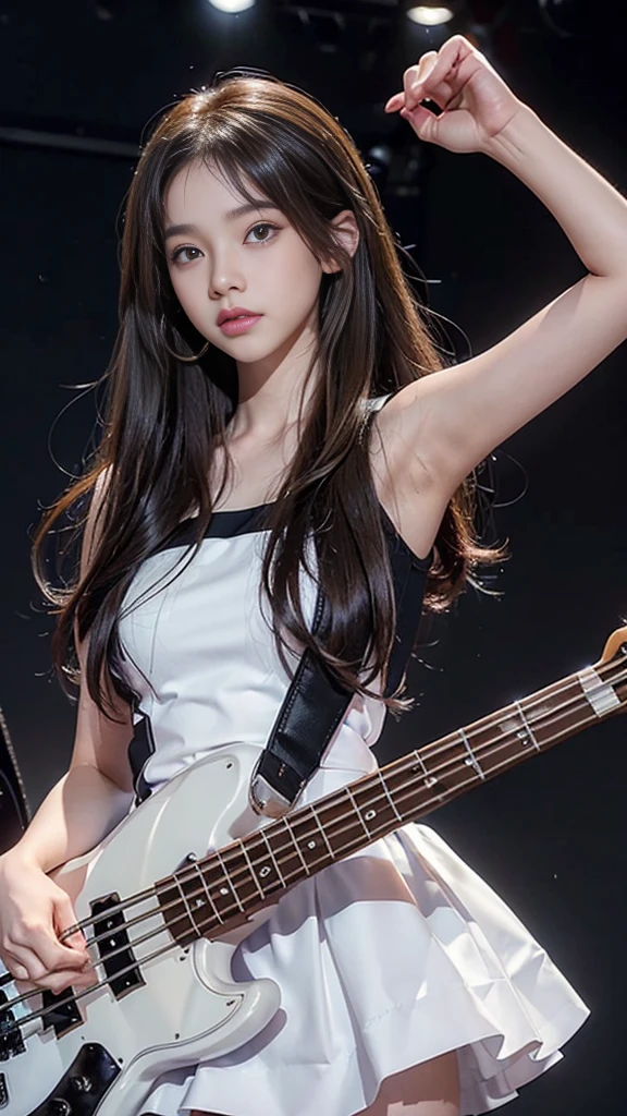 ((A girl playing the bass at a live show))、( beautiful girl、high school girl、Baby Face:1Beautiful breasts、Small beautiful butt、(Brunette messy brown hair)、Complex 4-string bass:1.2、Detailed hands、Anatomically correct fingers、((Details Fender Precision Bass:1.3))、Only one base、(Detailed eyes and face:1.2、Professional photography techniques、Cinema Lighting)、Highest quality、8K、masterpiece:1.2、RAW Photos、Realistic:1.3、(Perfect Anatomy:1.3)