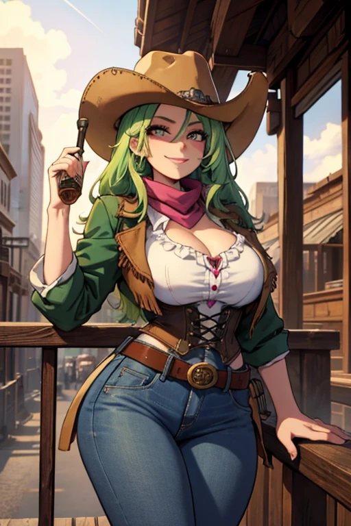 Perfect face, perfect hands. A light green haired female cowgirl with pink eyes and an hourglass figure in a conservative cowgirl outfit is leaning on a railing with a big smile in a wild west town