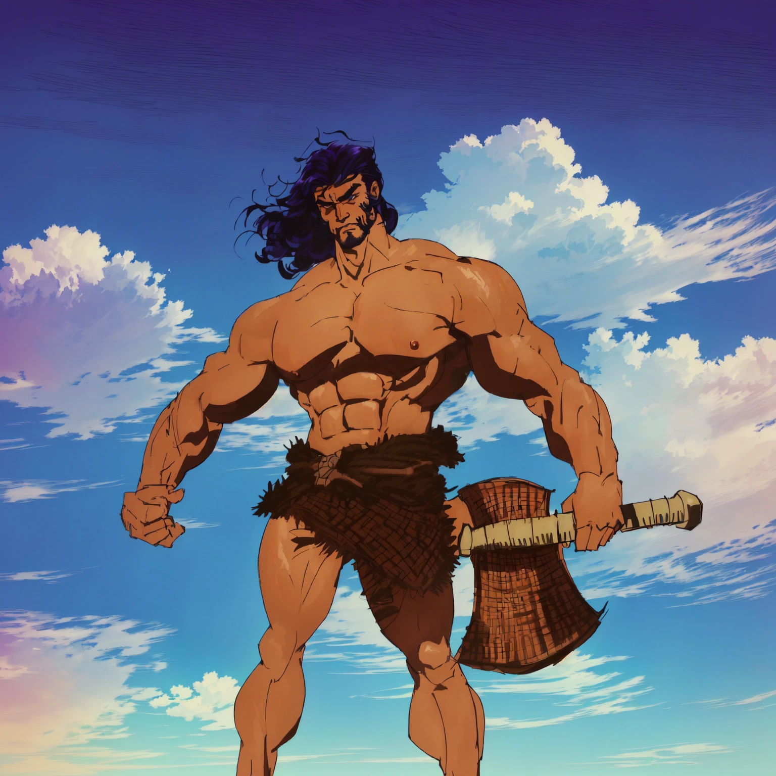 masterpiece, best quality, (extremely detailed CG unity 8k wallpaper), (best quality), (best illustration), (best shadow), absurdres, realistic lighting, (Abyss), beautiful detailed glow, a drawing of a man in a kilt holding a bag, conan the barbarian illustration, barbarian, male barbarian, barbarian celebrate his birthday, style of frank miller, frank miller style, by Frank Miller, frank frazetta manga style, frank frazetta style, tanned barbarian warrior, strongman, picture of an adult male warrior, fur-clad barbarian goliath, muscular character. summer day, blue sky, grass field