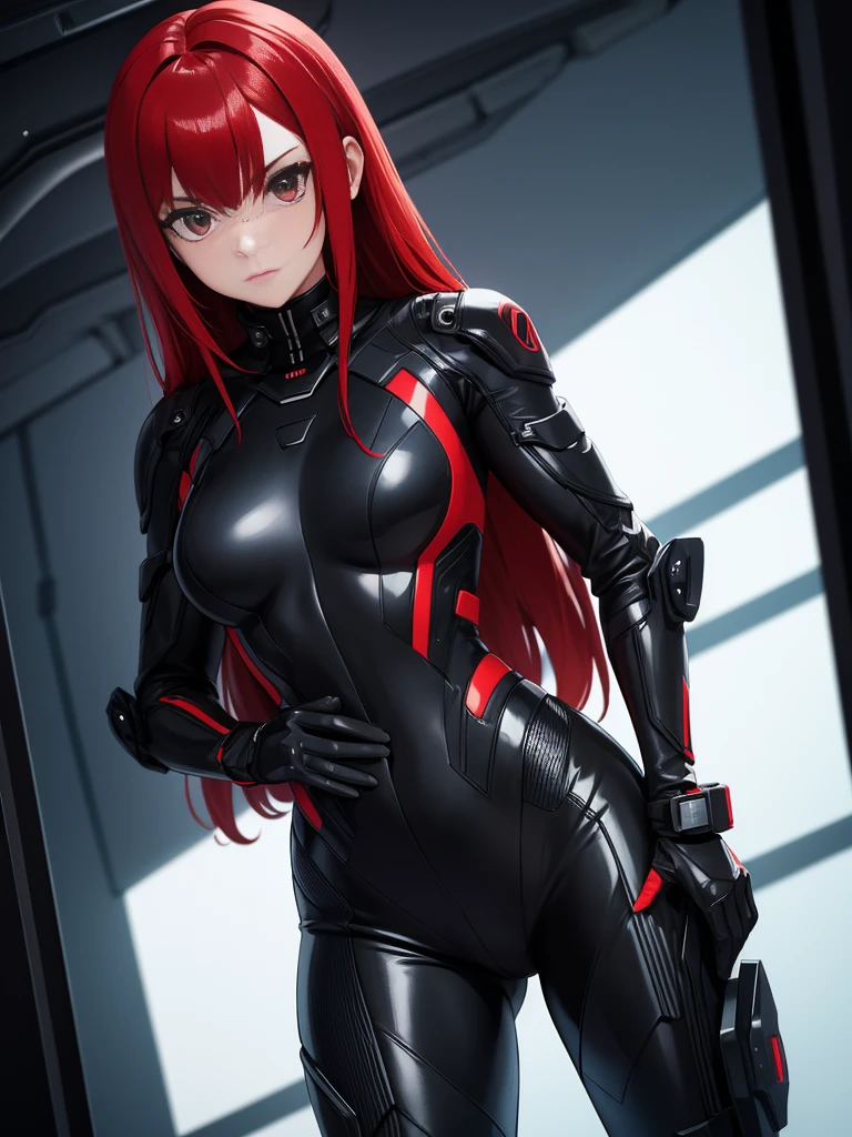 girl, with black futuristic spy suit, Red hair.