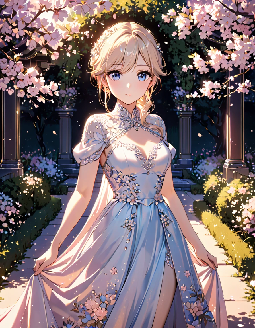 masterpiece, best quality,  cute, 1girl, elsa, beautiful detailed eyes, elegant dress, standing in a garden, cherry blossoms, intricate floral pattern, golden hour lighting, soft warm colors, cinematic composition, 8k, hyper detailed