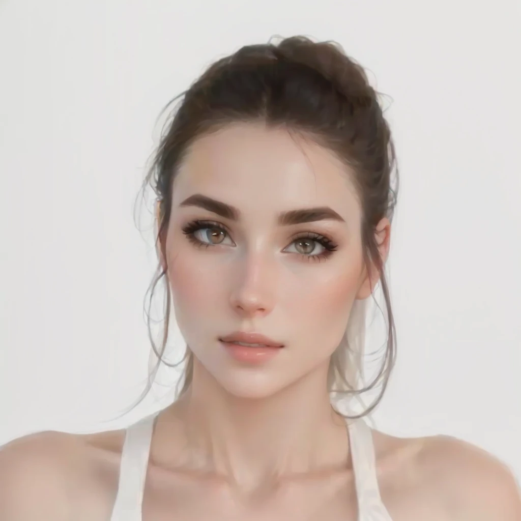 a close-up of a woman in a white blouse and a white tank top, sexy face with full makeup, 2 4 year old female model, flawless face, smooth, pale, flawless skin, closeup impressionante, headshot, detailed and face perfect, natural soft pale skin, sexy face, face perfect, perfect facial features, brown hair and large eyes, beautiful fine facial features