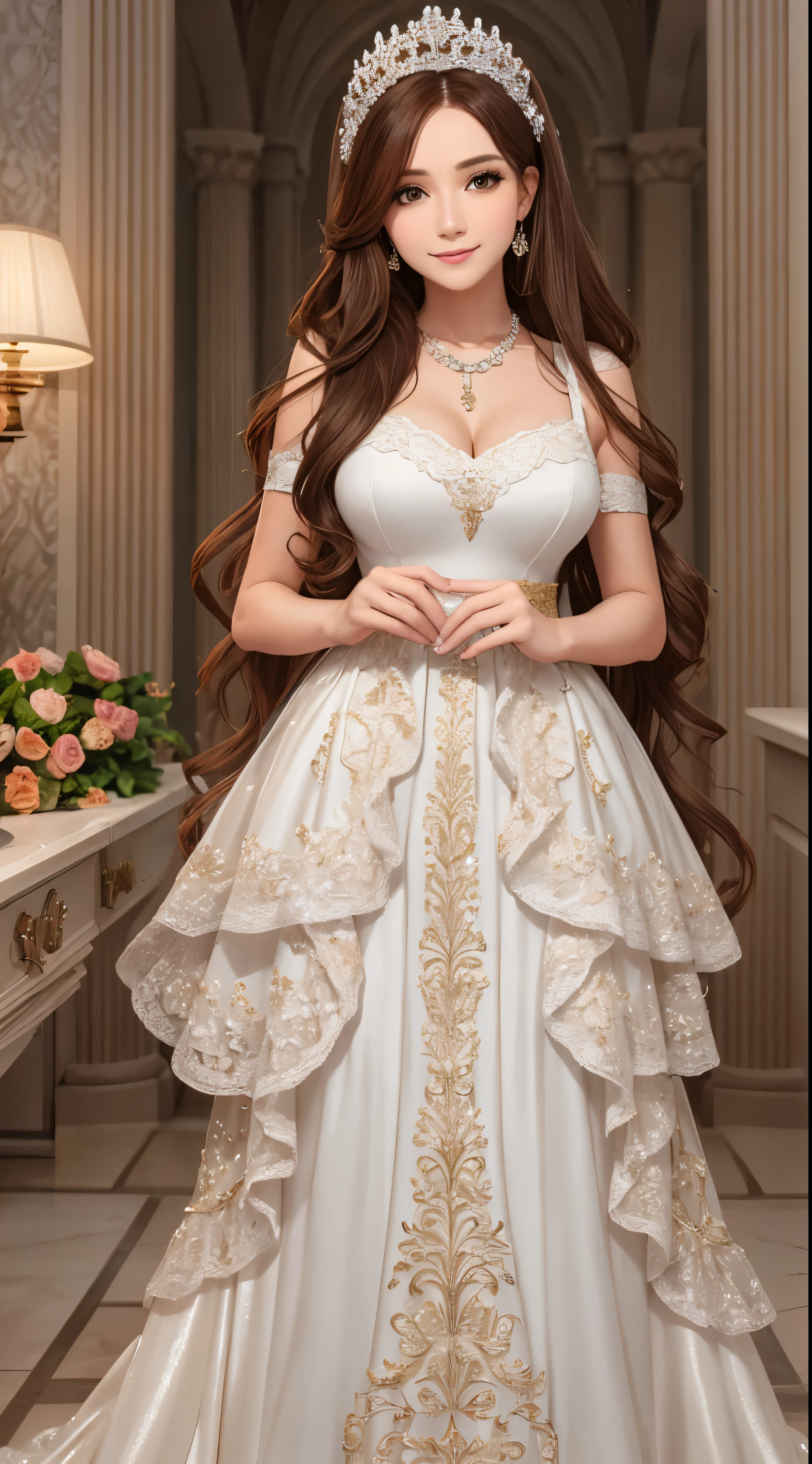 with high definition images，The most beautiful woman in the world、Long Chestnut Hair、Wavy hairstyle、smile、necklace、temperament、White satin dress、Full body high quality images、Facial details