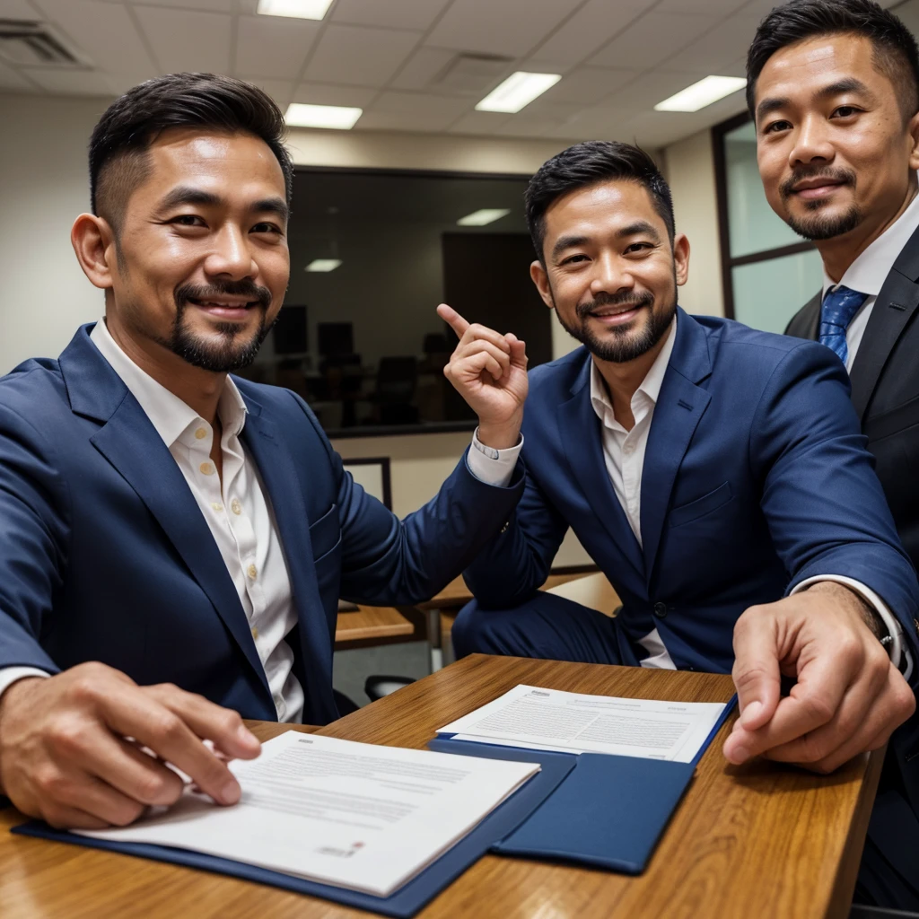 ภาพrealistic,Thai guy,Age 40,Oval face,Has a slight beard,handsome,cool,smile,Wear a dark blue suit.,Selfie,CEO,At the office,sitting in a meeting,There were approximately 20 people attending the meeting.,long conference table,Bokeh,realistically,realistic,Clear eyes,All fingers,นิ้วมือrealistically,Sharp picture.