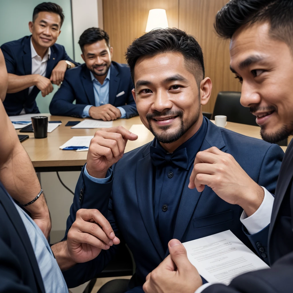 ภาพrealistic,Thai guy,Age 40,Oval face,Has a slight beard,handsome,cool,smile,Wear a dark blue suit.,Selfie,CEO,At the office,sitting in a meeting,There were approximately 20 people attending the meeting.,long conference table,Bokeh,realistically,realistic,Clear eyes,All fingers,นิ้วมือrealistically,Sharp picture.