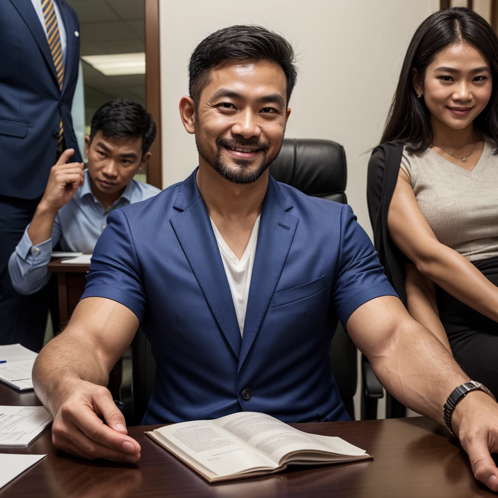 ภาพrealistic,Thai guy,Age 40,Oval face,Has a slight beard,handsome,cool,smile,Wear a dark blue suit.,Selfie,CEO,At the office,sitting in a meeting,There were approximately 20 people attending the meeting.,long conference table,Bokeh,realistically,realistic,Clear eyes,All fingers,นิ้วมือrealistically,Sharp picture.