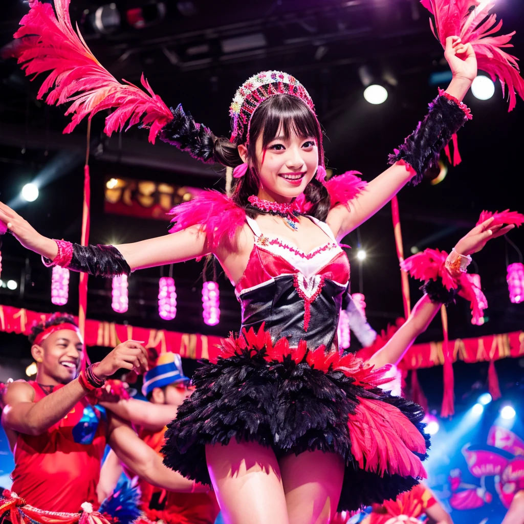 The beautiful dark-skinned Japanese young mother in carnival costume with red and pink feathers dancing on the nightclub stage 