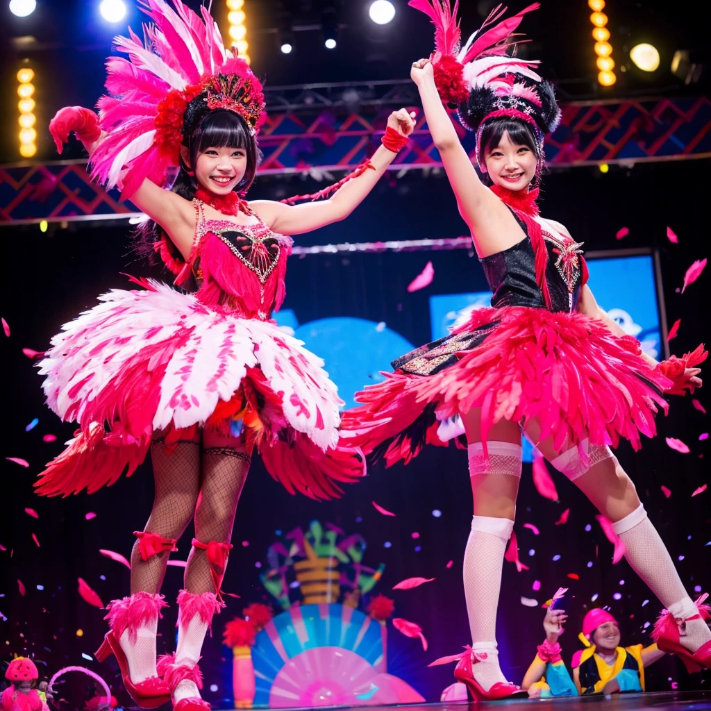 The beautiful dark-skinned Japanese young mother in carnival costume with red and pink feathers dancing on the nightclub stage 