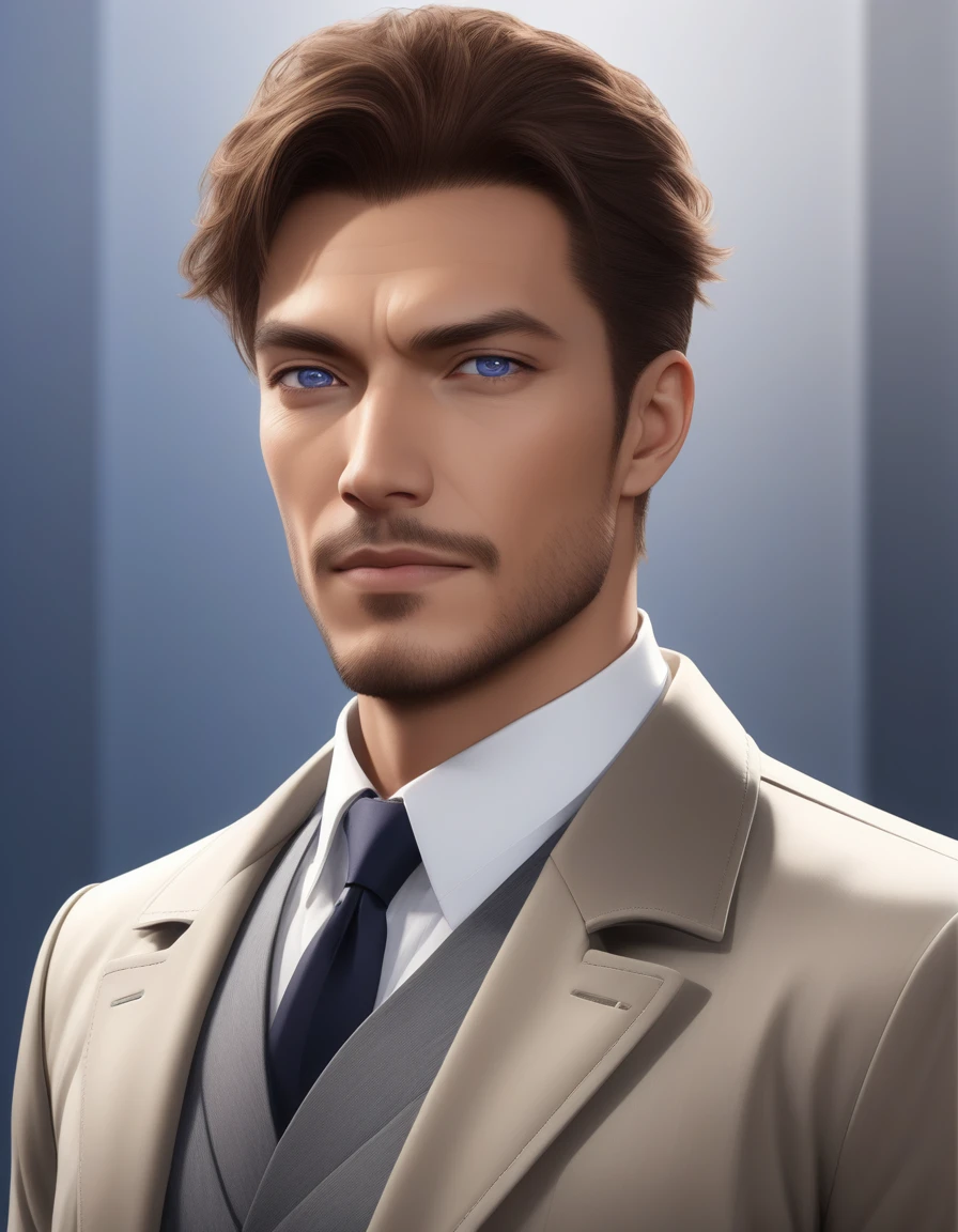 1man, mature male, parted bangs, medium-short hair, brown hair, muscular male celeb, short goatee, short mustache, indigo eyes, gentleman, elegant netori male, BREAK solo, white collared shirt, gray trench coat, black neck ribbon, in gentle sasaki style, visual novel, 2010s, extreme all detailed, masterpiece, best quality