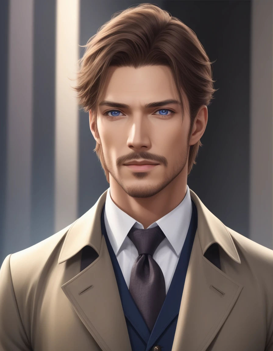 1man, mature male, parted bangs, medium-short hair, brown hair, muscular male celeb, short goatee, short mustache, indigo eyes, gentleman, elegant netori male, BREAK solo, white collared shirt, gray trench coat, black neck ribbon, in gentle sasaki style, visual novel, 2010s, extreme all detailed, masterpiece, best quality