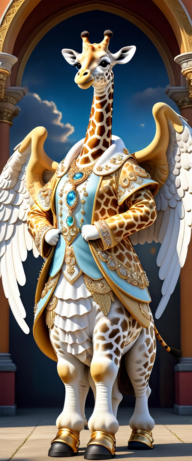 photorealistic portrait of Dressed animals-a ((fat)) ((giraffe)) angel,(furry), (elegant pose:1.5), (hands on hips:1.5),(smile:1.5),high quality,(angel wings),(lovely) ,intricate details, Wearing angel clothes , (angel's ring above head), highly detailed ((angel wings)) ,highly detailed decorations of clothes, angel boots , (happy), soft lighting,(full body image:2.0),holy temple background,clouds,score_9, score_8_up, score_7_up, score_6_up, score_5_up, score_4_up,