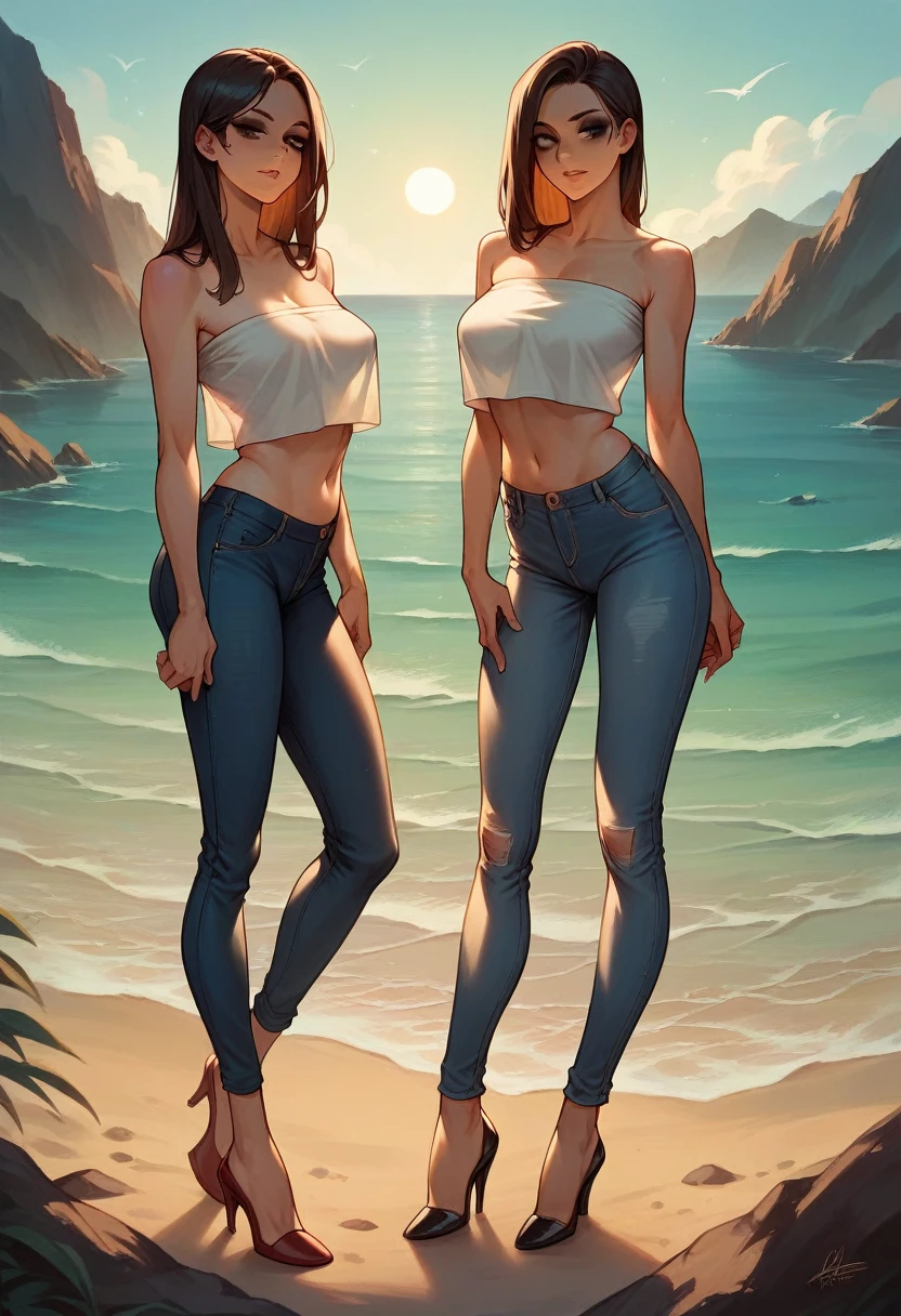 sexy women, slender body, natural makeup, saggy breast, braless, Wearing white tube top shirt with spandex and jeans short pants, high heels, seductive pose, daylight at beach, dynamic lighting, ultra detail, masterpiece, dramatic photo, movie scene, cinematic