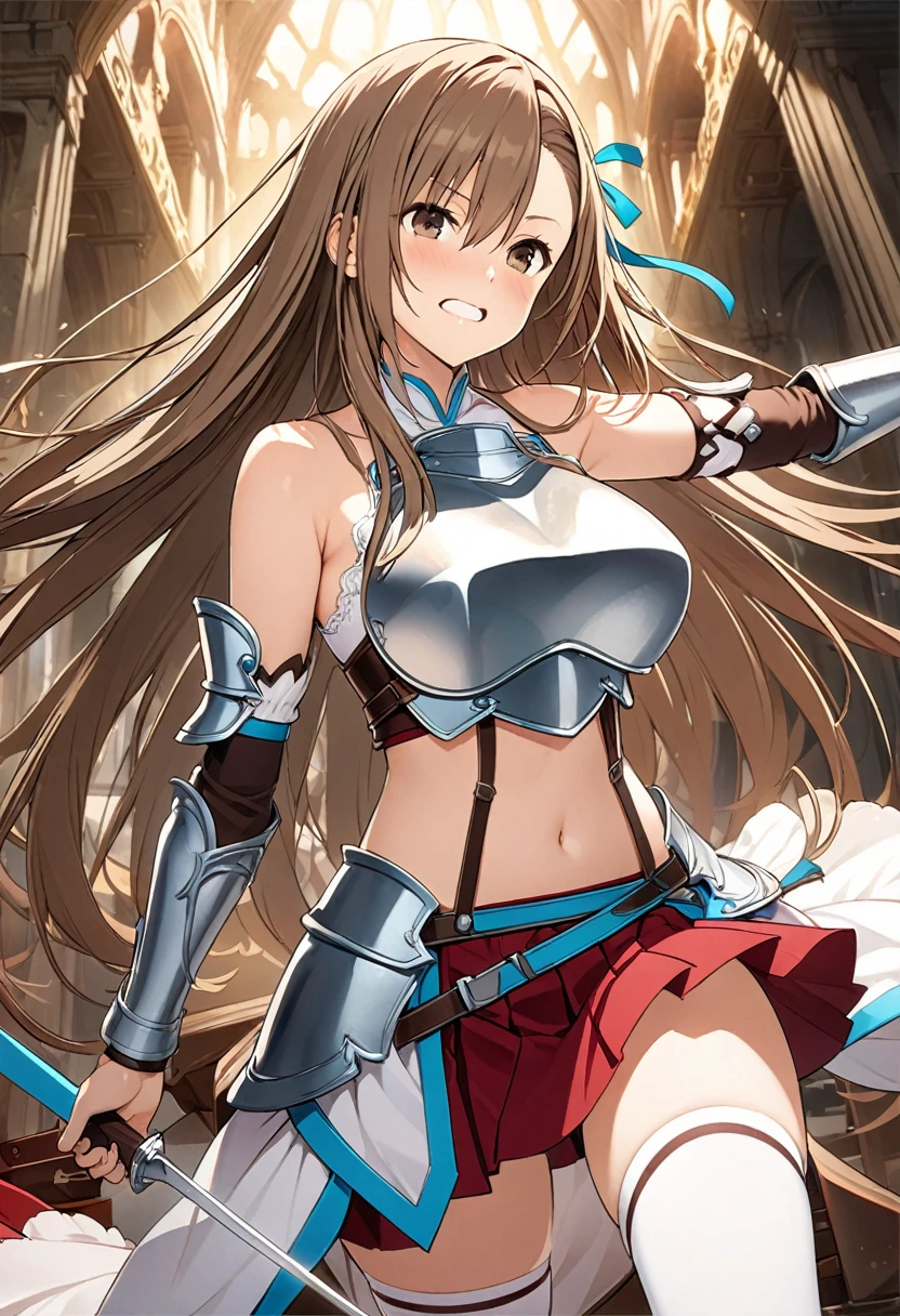 Highest quality、Super detailed、High resolution illustrations、Ultra-high-definition CG、８k size wallpaper、Production Art、Light novel illustrations、asuna yuuki, long hair, brown hair, brown eyes,
skirt, thighhighs, bare shoulders, detached sleeves, armor, white thighhighs, breastplate, red skirt,　rage、I&#39;m so angry、