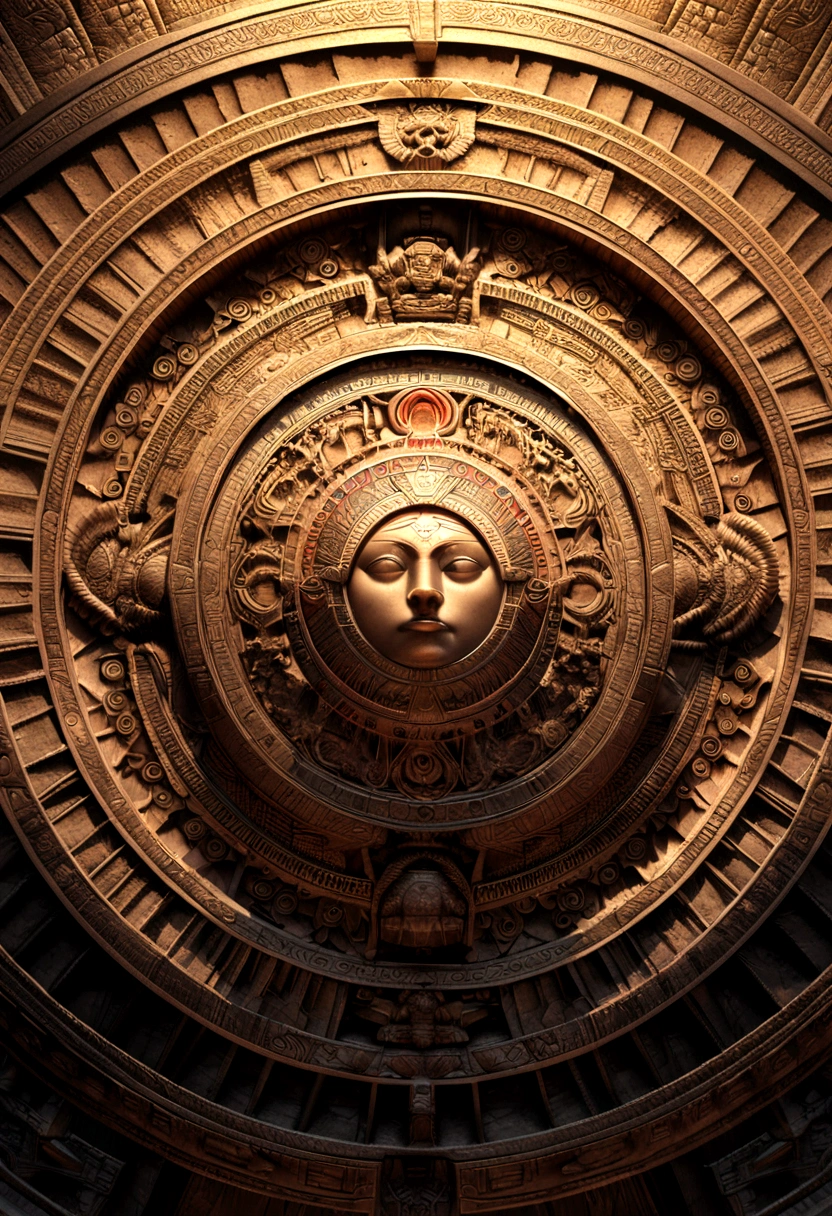 a highly detailed and intricate aztec calendar, 3D render, ultra-realistic, incredibly detailed, ornate patterns, intricately carved, natural stone texture, warm lighting, dramatic shadows, volumetric lighting, cinematic composition, mesmerizing symmetry, stunning visual complexity, ancient mysticism, advanced technology, 8k resolution, photorealistic