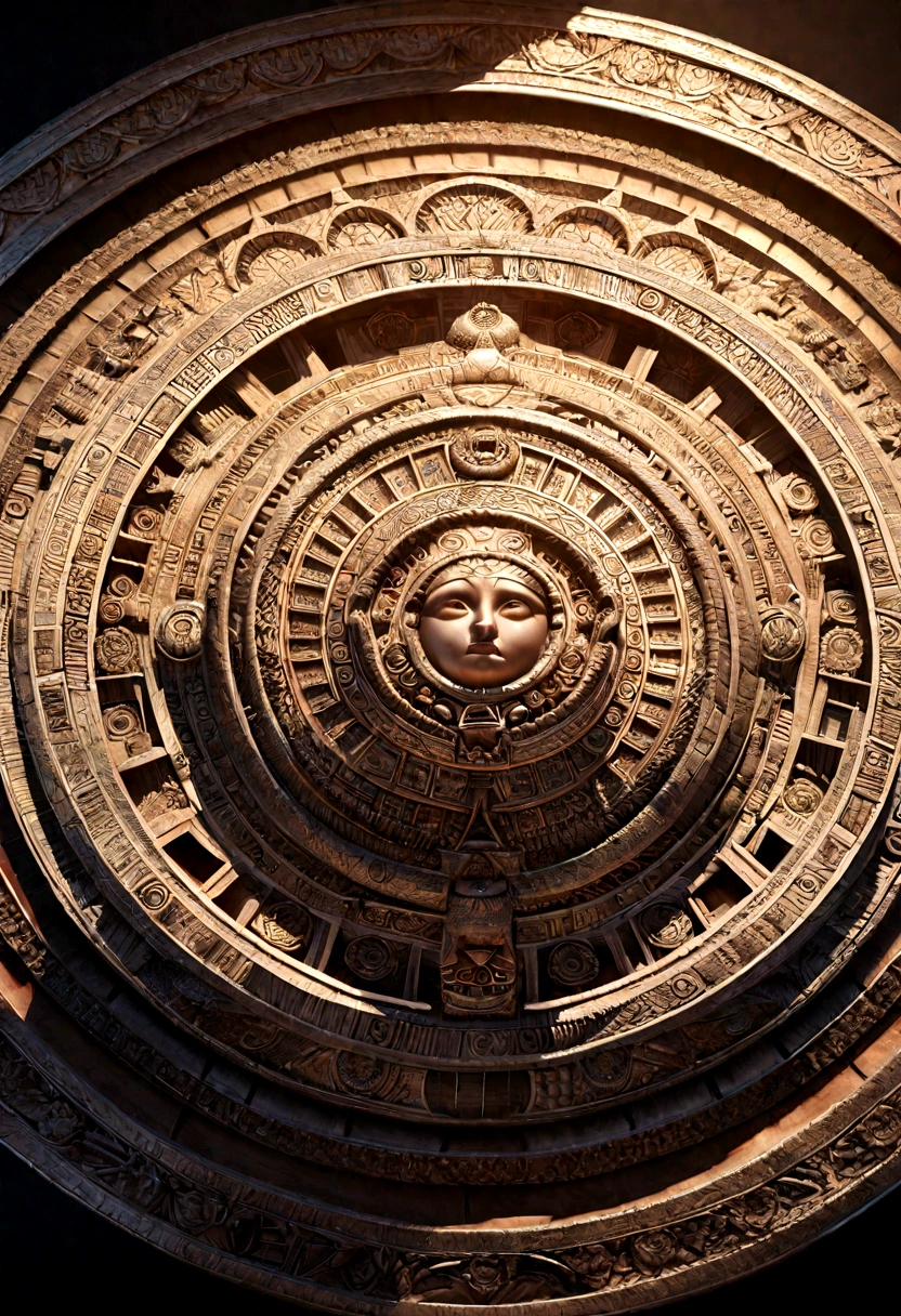 a highly detailed and intricate aztec calendar, 3D render, ultra-realistic, incredibly detailed, ornate patterns, intricately carved, natural stone texture, warm lighting, dramatic shadows, volumetric lighting, cinematic composition, mesmerizing symmetry, stunning visual complexity, ancient mysticism, advanced technology, 8k resolution, photorealistic