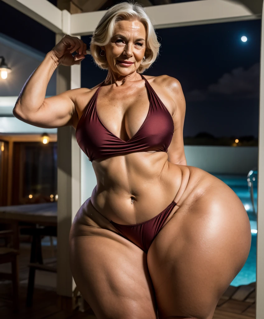 Beautiful elderly woman with amazing body wearing a beige swimsuit at night
