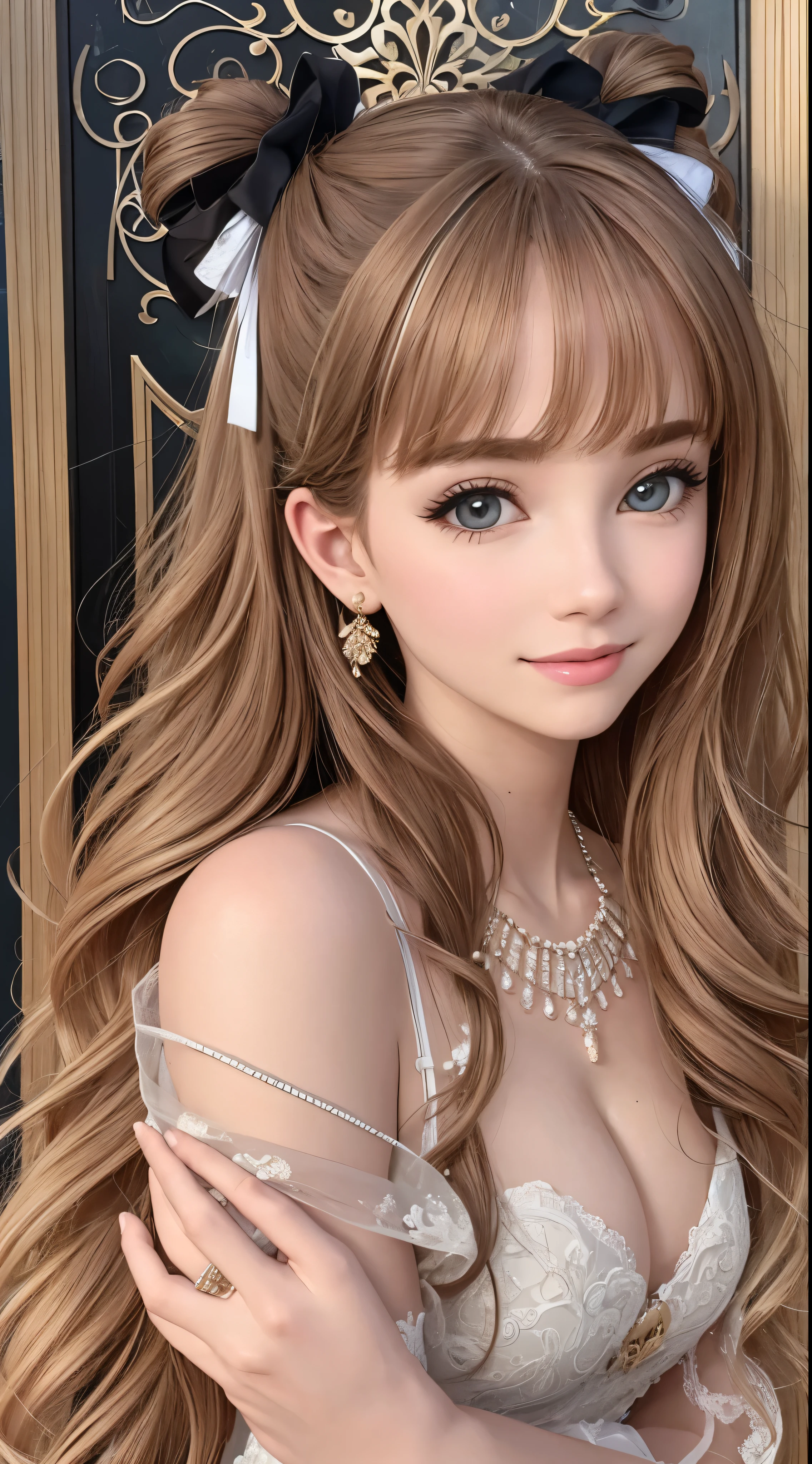 with high definition images，The most beautiful woman in the world、Long Chestnut Hair、Wavy hairstyle、smile、necklace、temperament、White satin dress、Full body high quality images、Facial details