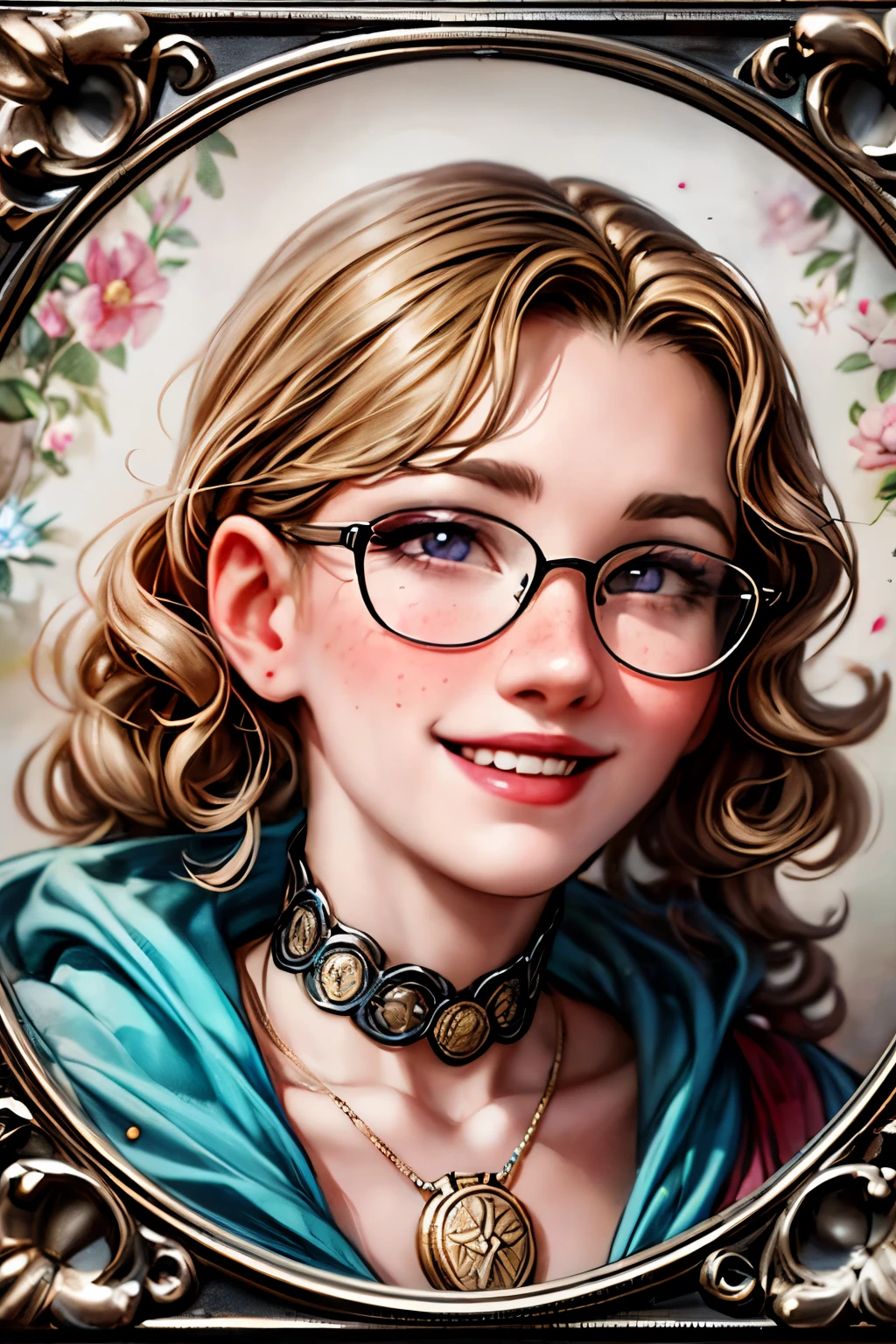(masterpiece), best quality, expressive eyes, perfect face, Artwork, best quality, ultra-detailed, 1lady, long hair, 1930s vintage photography, monochrome dress, vintage color palette, ((curly hair)), dress with ruffles, smiling smile, freckles on face, ((old photo effect)), large breasts, ((sepia effect)), breasts larger than head, ((portrait in a medallion)), ((locket)), ((pic in locket)), ((portrait in round medallion)), photography of a woman in a locket, ((signature at the bottom of the photo)), (((Initials T.J in signature))), round glasses, provocative cleavage, face profile photography, lipstick in pic, shining eyes, twintails, laughing laugh, laughing, ((mold particles around the edges of the photograph)), laughing with your mouth open, flowers in hair, ((signatured photography)), huge breasts, large breasts, gigantic breasts, fleshy mouth lips, ((mold particles)), ((hood in head))