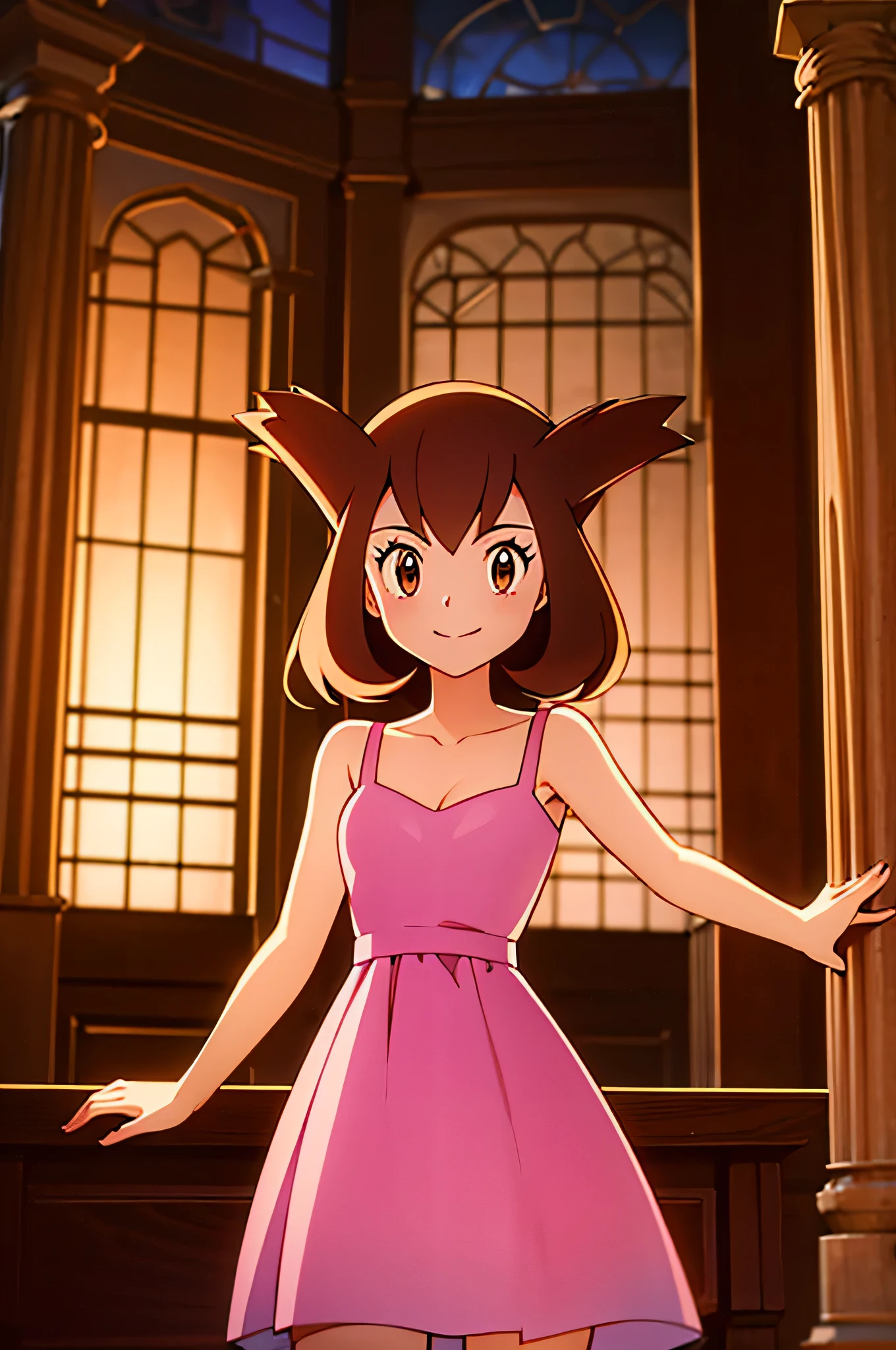 1 girl, solo, Pokemon Heroes (Bianca), Brown Hair, brown eyes, bare shoulders, Pink Camisole dress, smile, ballroom, columns, cowboy shot, facing viewer, absurdres, ultra detailed, masterpiece, best quality, Teenager, pokemovies, window of a purple sundown