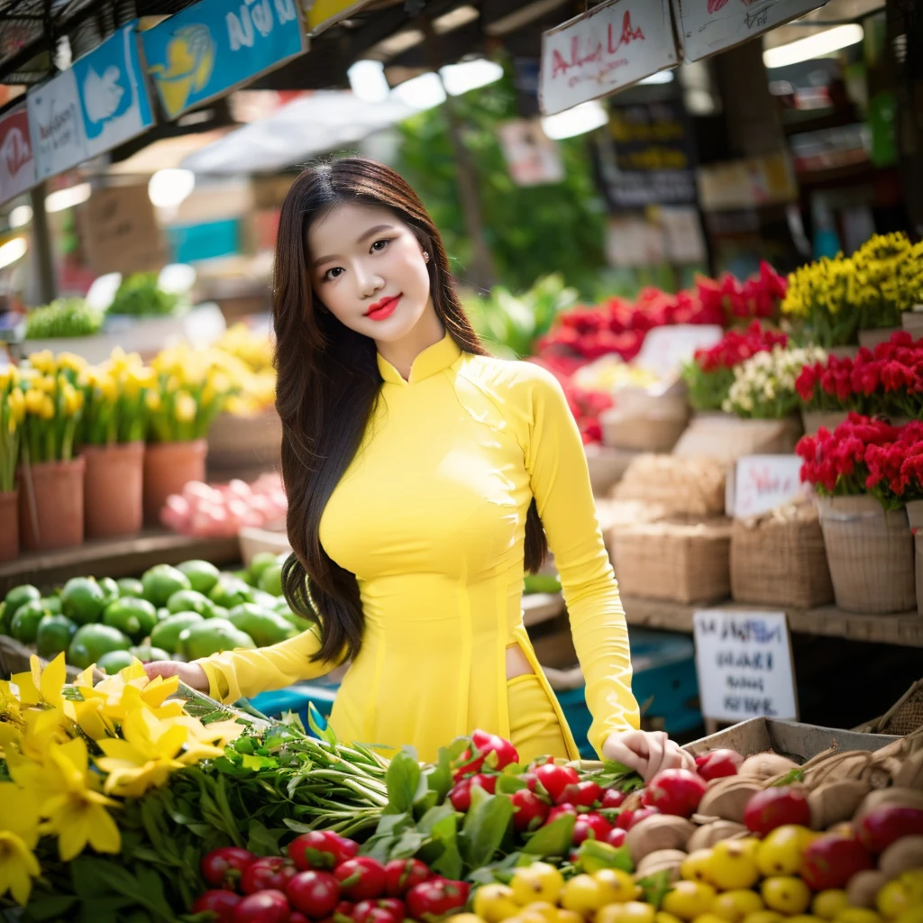 ((Red Ao Dai with yellow patterns, big breasts, beautiful breasts, located at the market, 8k quality photo with good details))