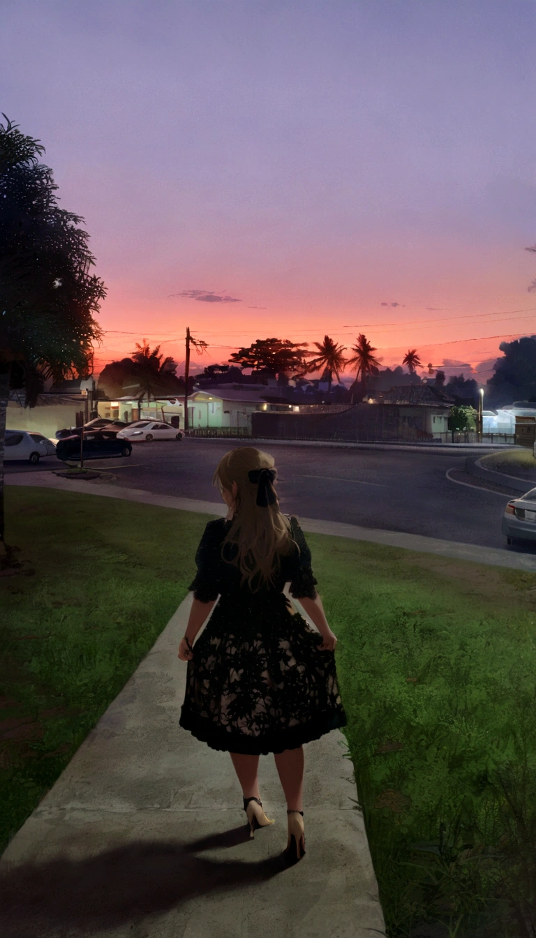 Just Nahoko、in the middle of sunset. (Blonde girl with black bow in her hair and wears high heels)the background scenery has palm trees and a beautiful sunset. 