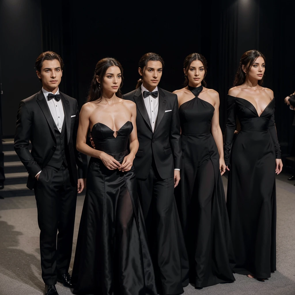 Capture the elegance and sophistication of seven individuals, comprising four men and three women, dressed in black attire. The men don black tuxedos, while the three women adorn themselves in long black gowns. They stand side by side on the grand opera stage, exuding an air of utmost refinement and poise. Ensure the image is a realistic, ultra HD portrayal of this scene.