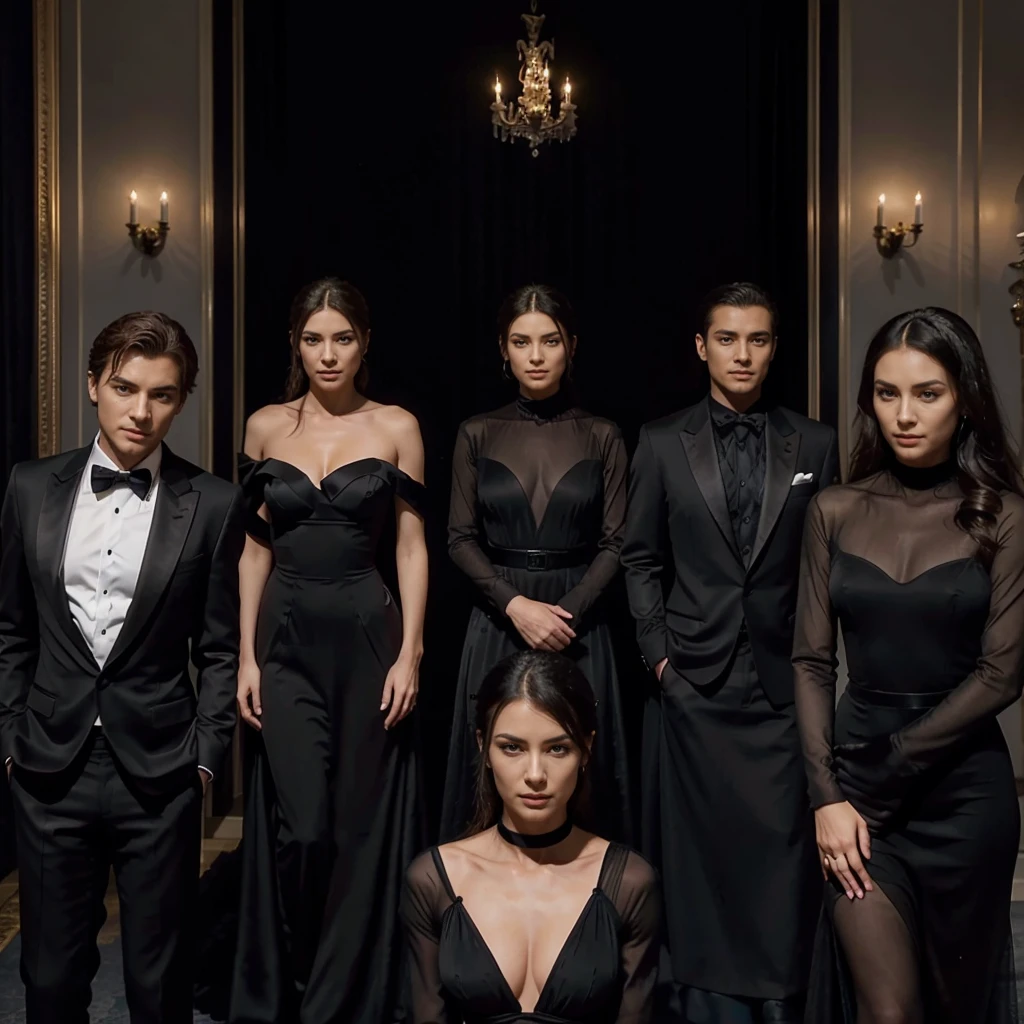 Capture the elegance and sophistication of seven individuals, comprising four men and three women, dressed in black attire. The men don black tuxedos, while the three women adorn themselves in long black gowns. They stand side by side on the grand opera stage, exuding an air of utmost refinement and poise. Ensure the image is a realistic, ultra HD portrayal of this scene.