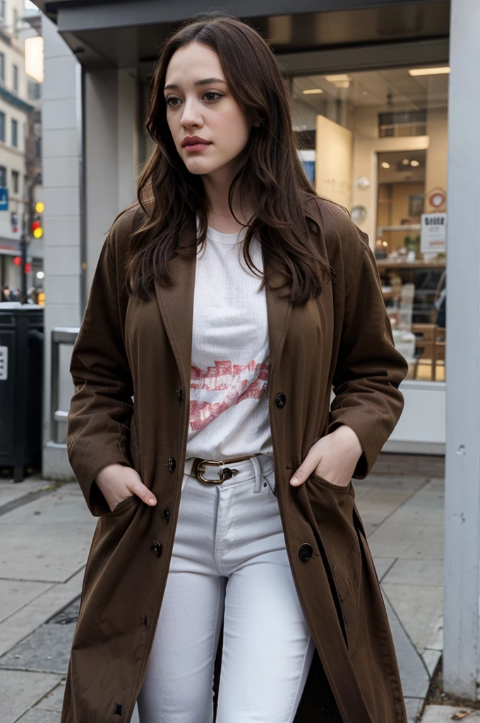 Kat Dennings, brown coat, white t-shirt, black jeans