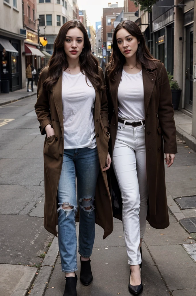 Kat Dennings, brown coat, white t-shirt, black jeans