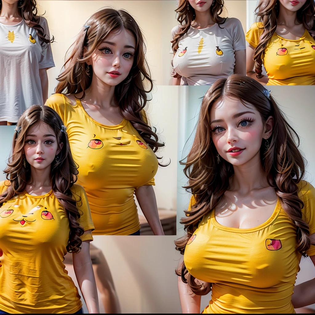 White and Bright Red, (Masterpiece 8K TopQuality:1.2) (ProfessionalPhoto:1.37) ExtremelyDetailed (((KAWAII girl with HUGE boobs:1.4)) yellow oversized t-shirt (pika/(t-shirt/)) ((Detailed delicate clothes)) BREAK. (((NOGIZAKA Face))), Extremely Detailed very KAWAII Face, Childish CaptivatingGaze Stunning ParfectEyes ElaboratePupils with (SparklingHighlights:1.28), DoubleEyelids with (Detailed Voluminous LongEyelashes:0.88), Small GlossyRedLips with BeautifulDetails, CoquettishTongue, PUNIPUNI RosyCheeks, Radiant PearlSkin with Transparency, Glowing DowneyHair . { (Dynamic Joyful expressions LifeLike Rendering:1.4) | (:d) }, (large eyes:-1) .