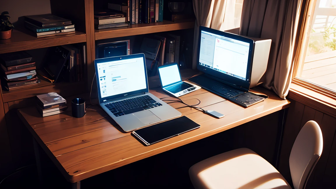 A corner of the room、Laptop on the center table、Table and laptop screen magnification